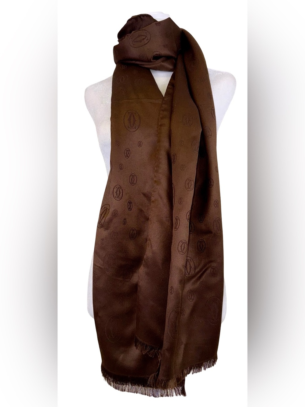 CARTIER “C de CARTIER” OVERSIZED WOOL/SILK SCARF IN CHOCOLATE BROWN